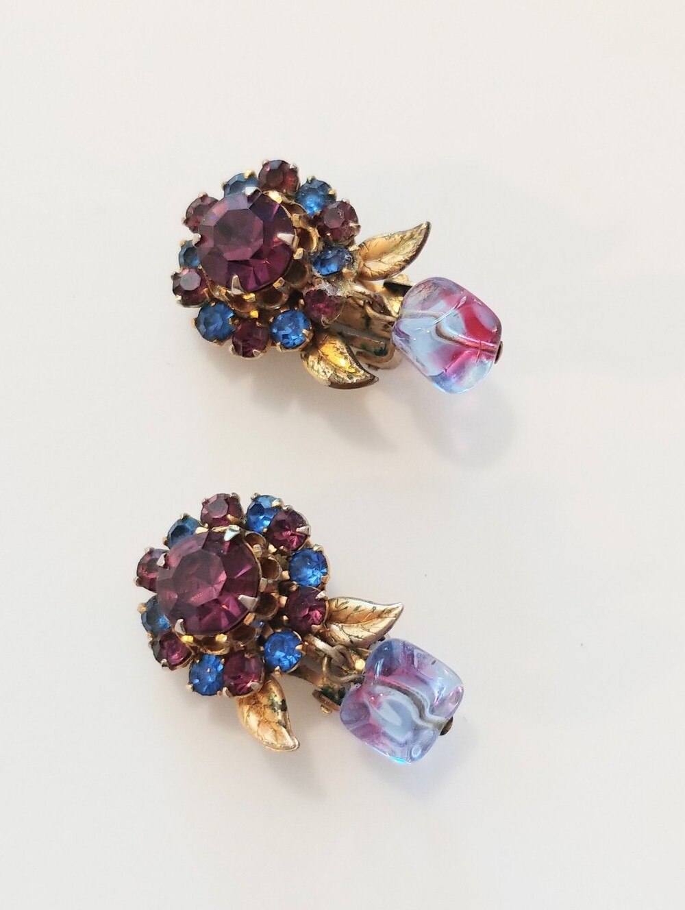 Vintage Purple & Blue Rhinestone & Art Glass Bead Dangle Earrings